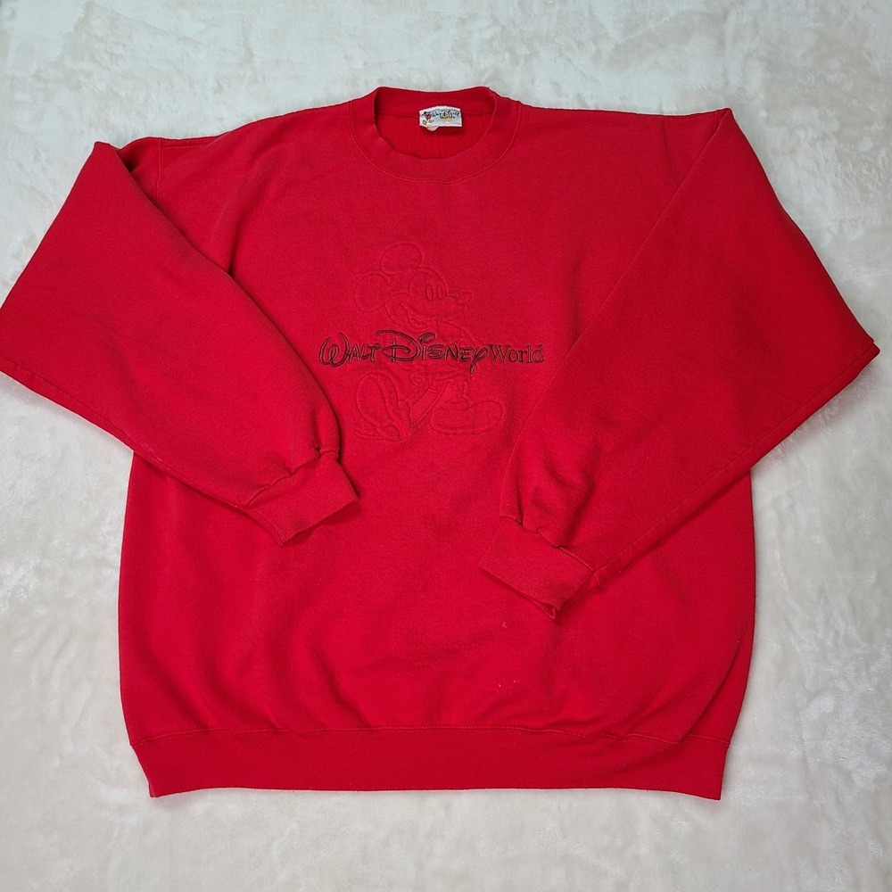 Rare Vintage Walt Disney World Mickey Mouse Embossed Crewneck Sweatshirt 90s Red